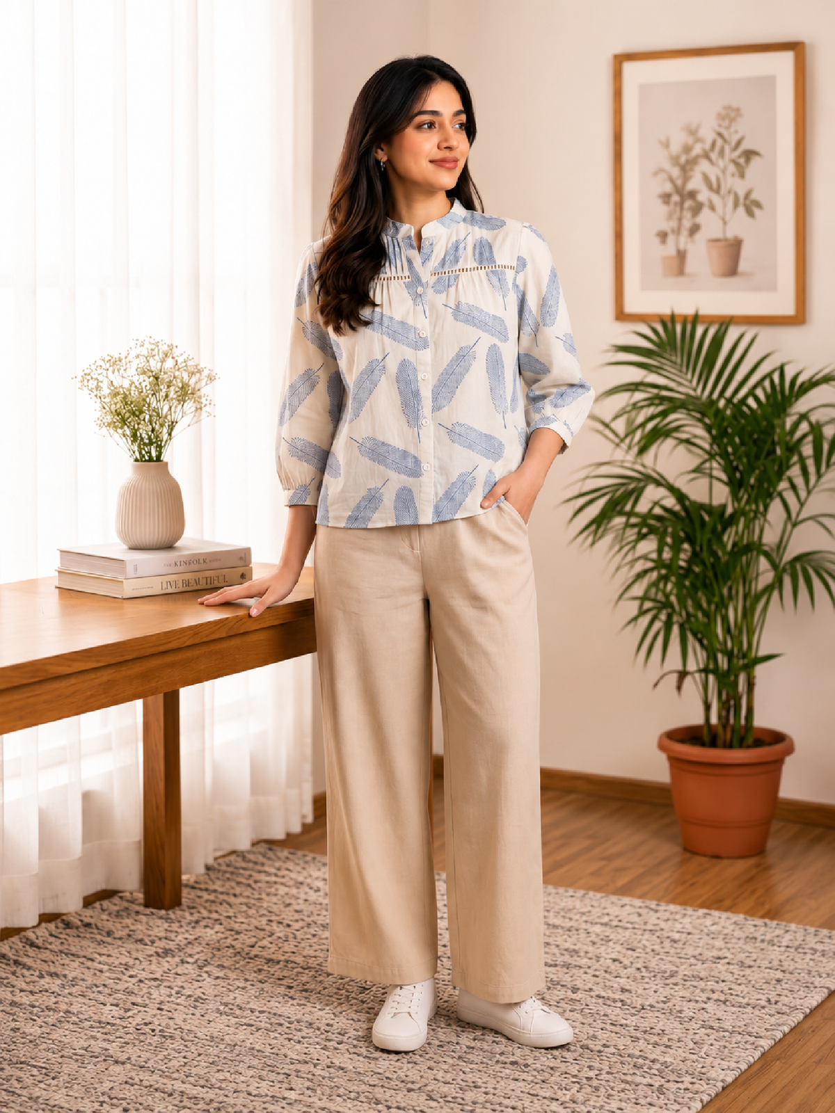 Ivory Blue Feather Print Cotton Shirt for Women