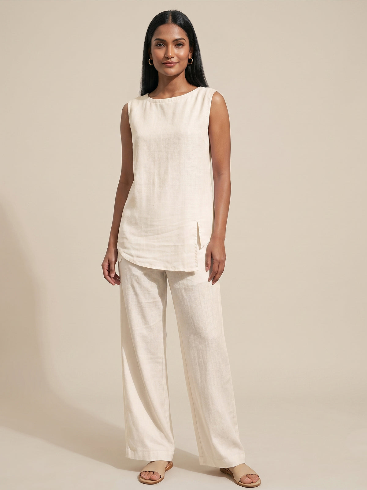 Off-White Cotton Linen Sleeveless Top Co-Ord Set