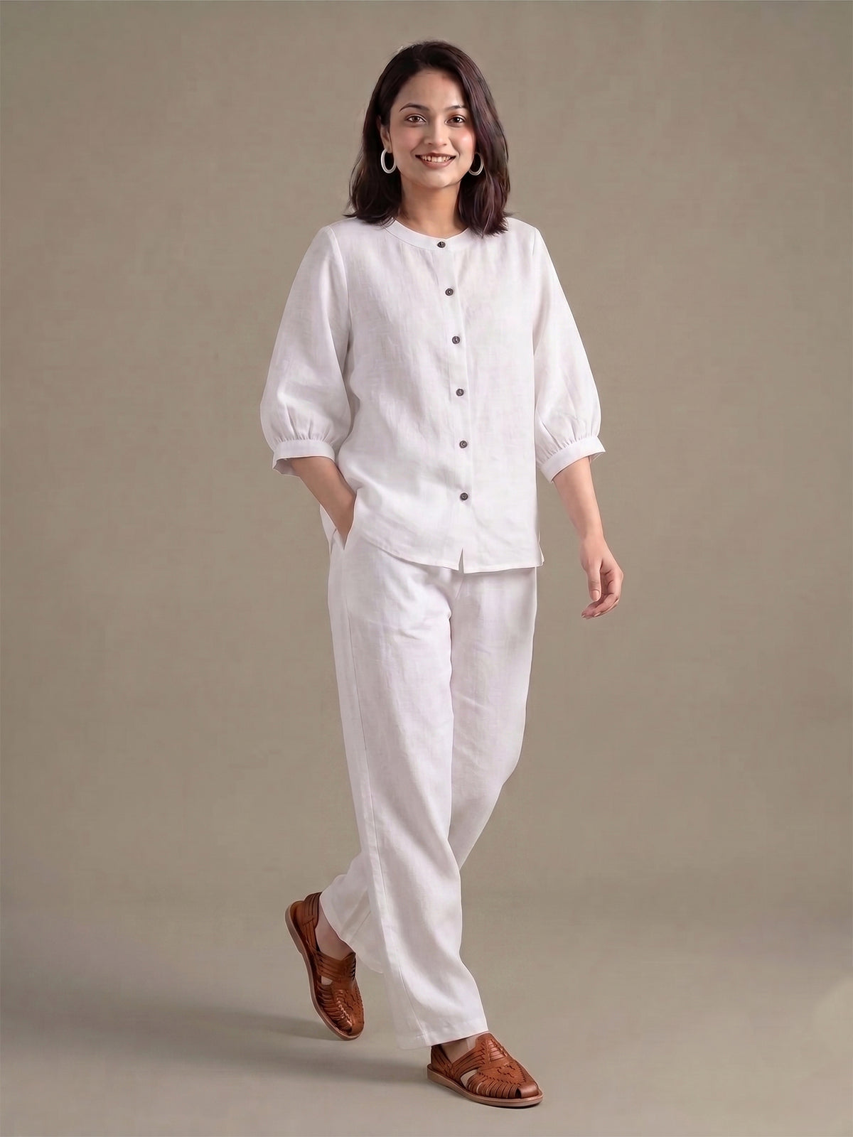 White Puff Sleeves Women's Co-Ord Set In Cotton Linen