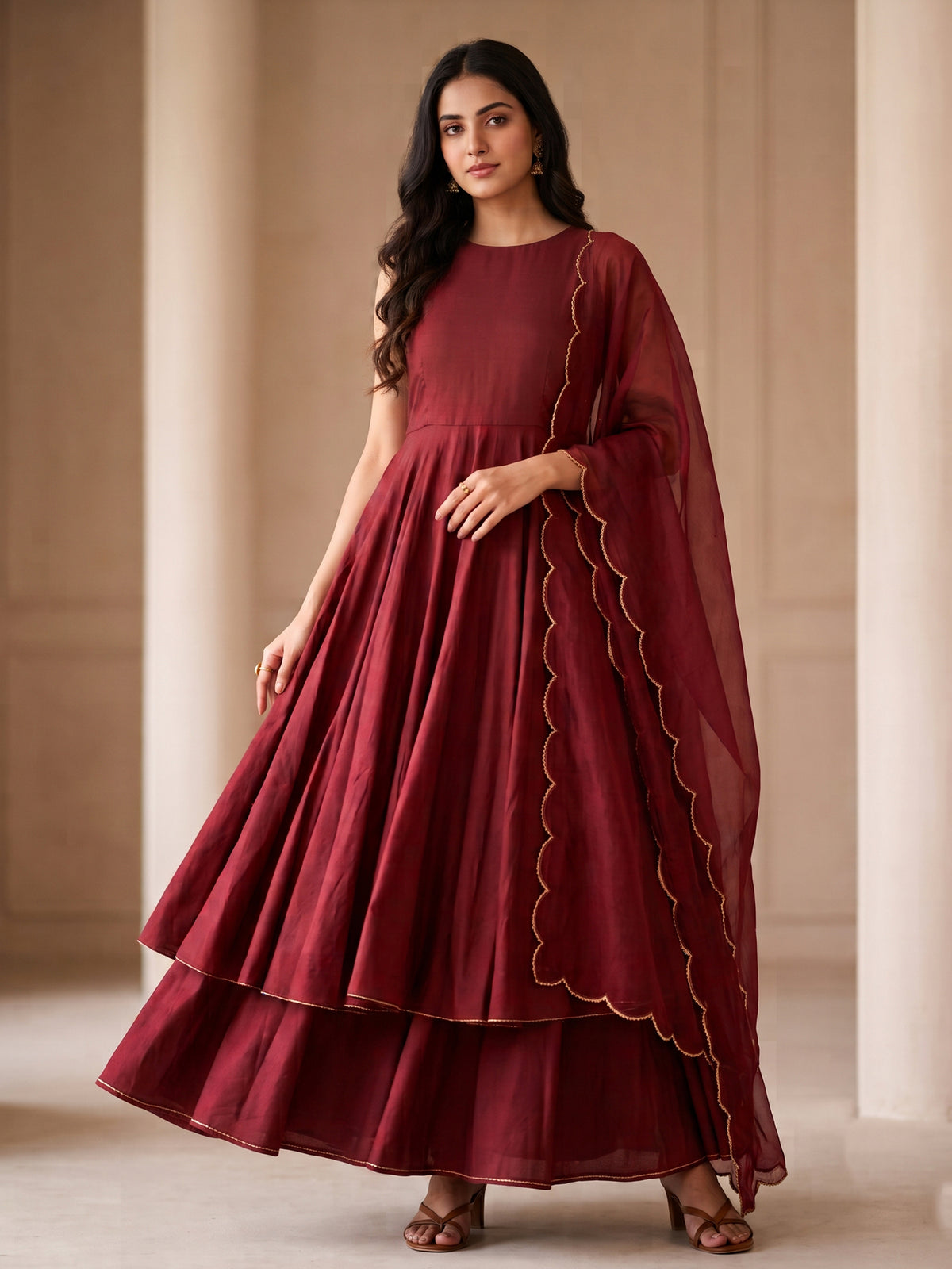 Maroon Layered Anarkali Suit with Dupatta