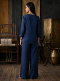 Navy Blue Cotton Linen Shirt with Wide-Leg Trouser Set