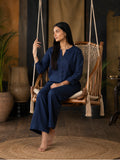 Navy Blue Cotton Linen Shirt with Wide-Leg Trouser Set