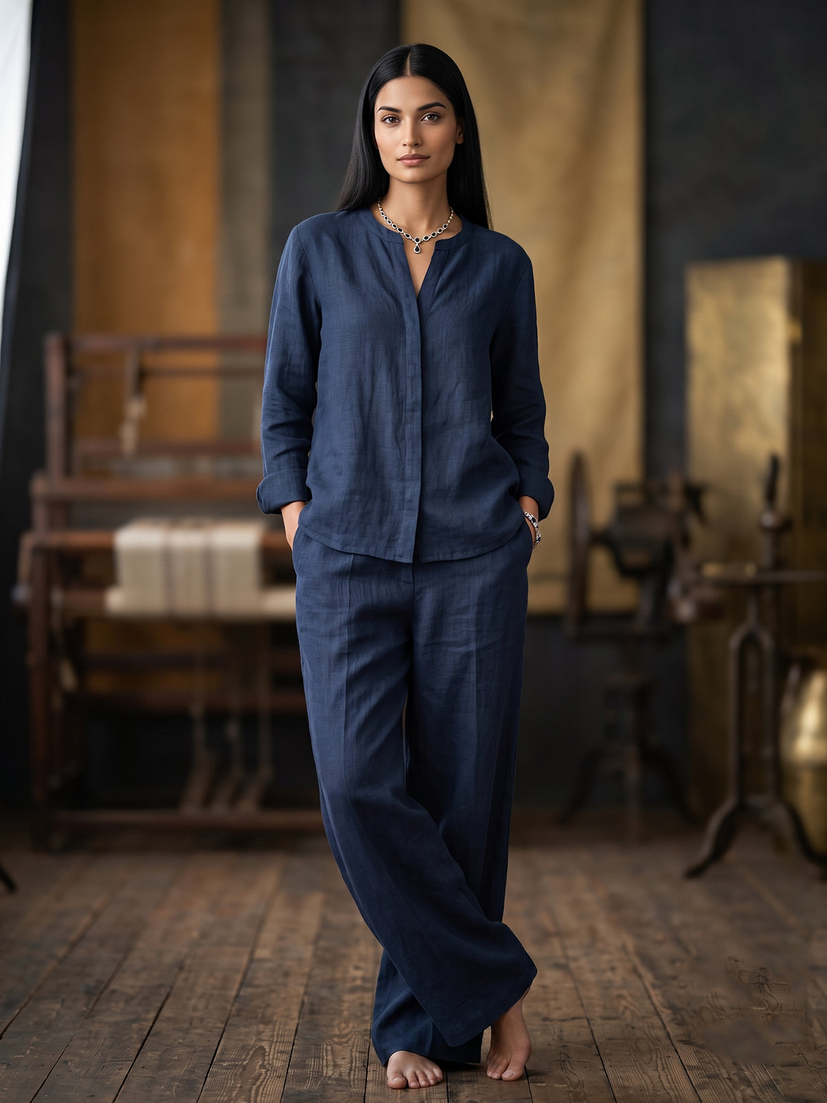 Navy Blue Cotton Linen Shirt with Wide-Leg Trouser Set