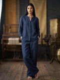 Navy Blue Cotton Linen Shirt with Wide-Leg Trouser Set