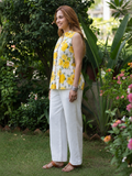 Yellow Floral Printed Sleeveless Cotton Top for Women