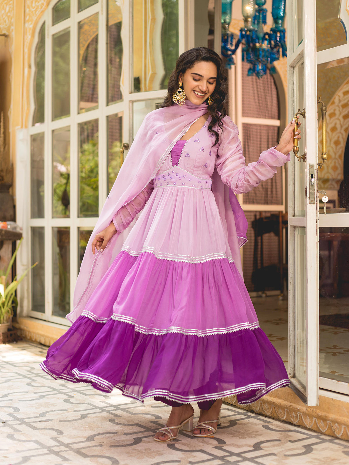 Purple Mirror Work Layered Anarkali Suit Suti Rang Purple Mirror Work Layered Anarkali Suit Suti Rang