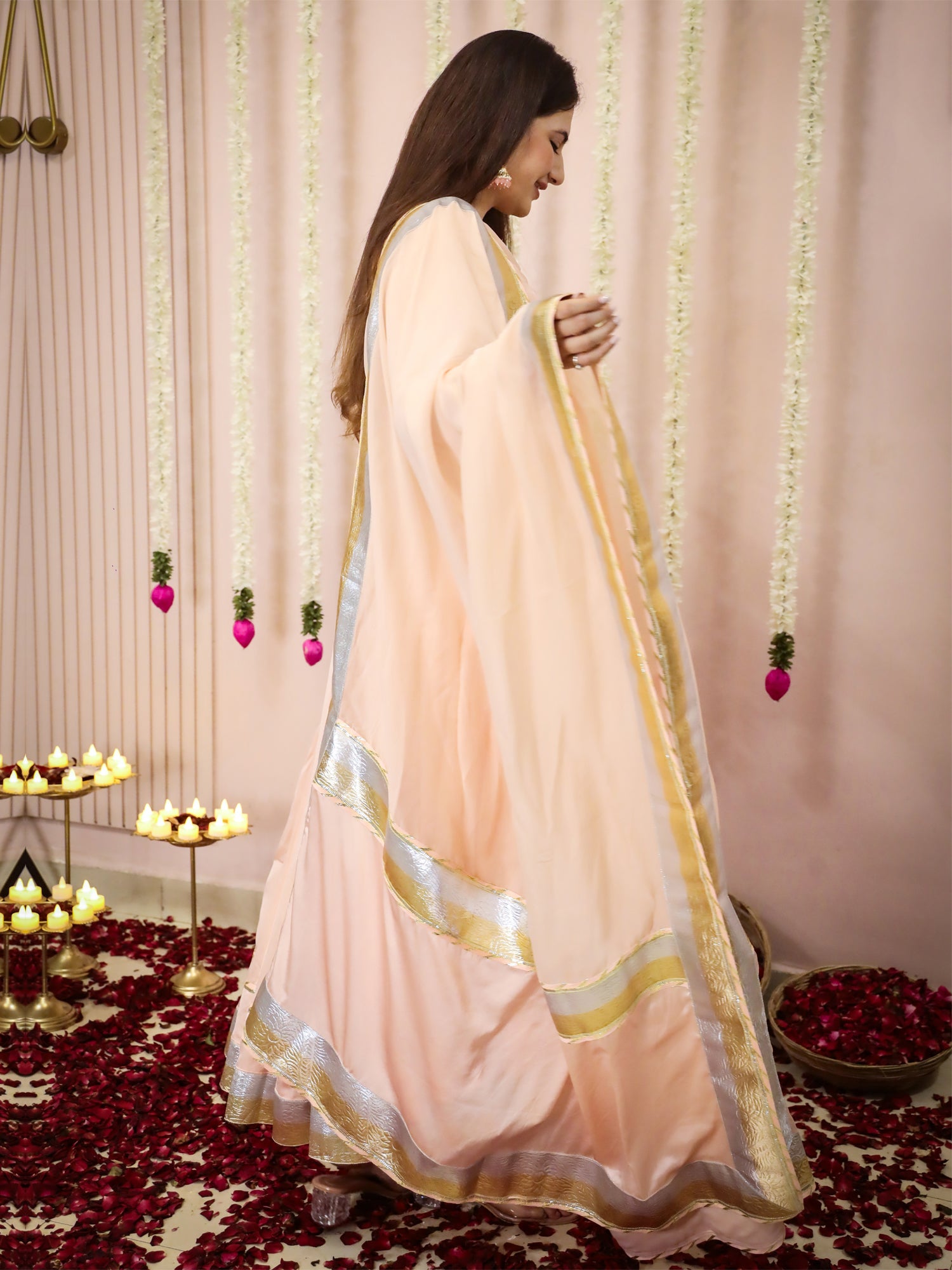 Crayola Peach Anarkali Suit In Organza Satin