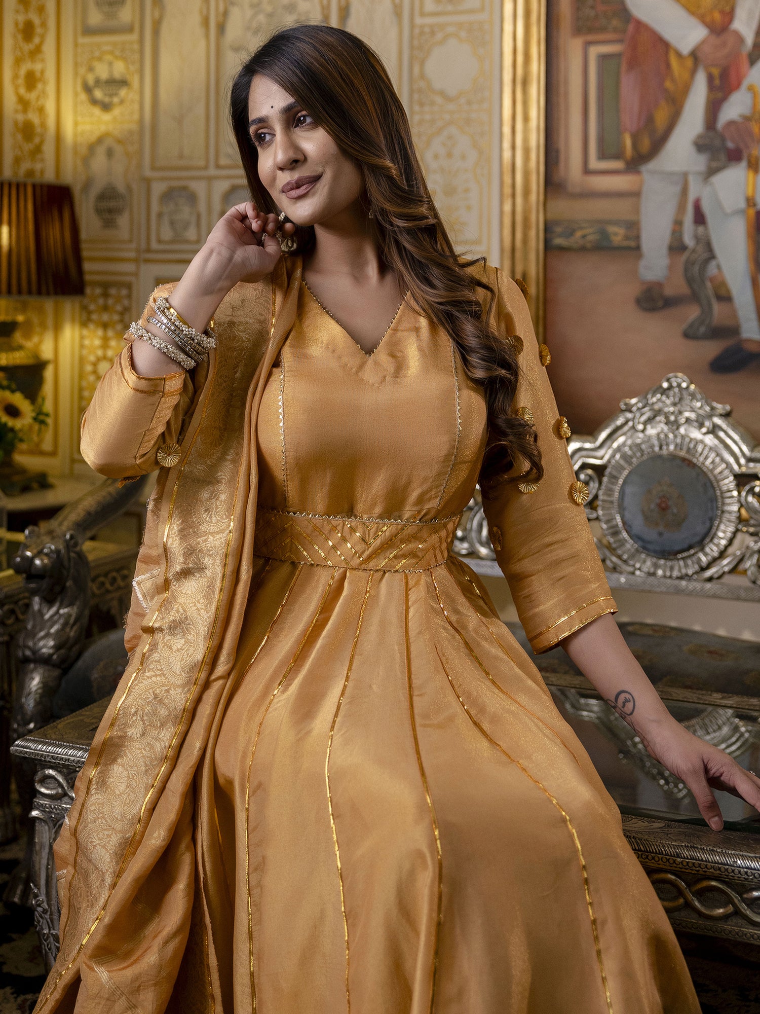 Golden Anarkali Suit Set In Tissue Silk Suti Rang Golden Anarkali Suit Set In Tissue Silk Suti Rang