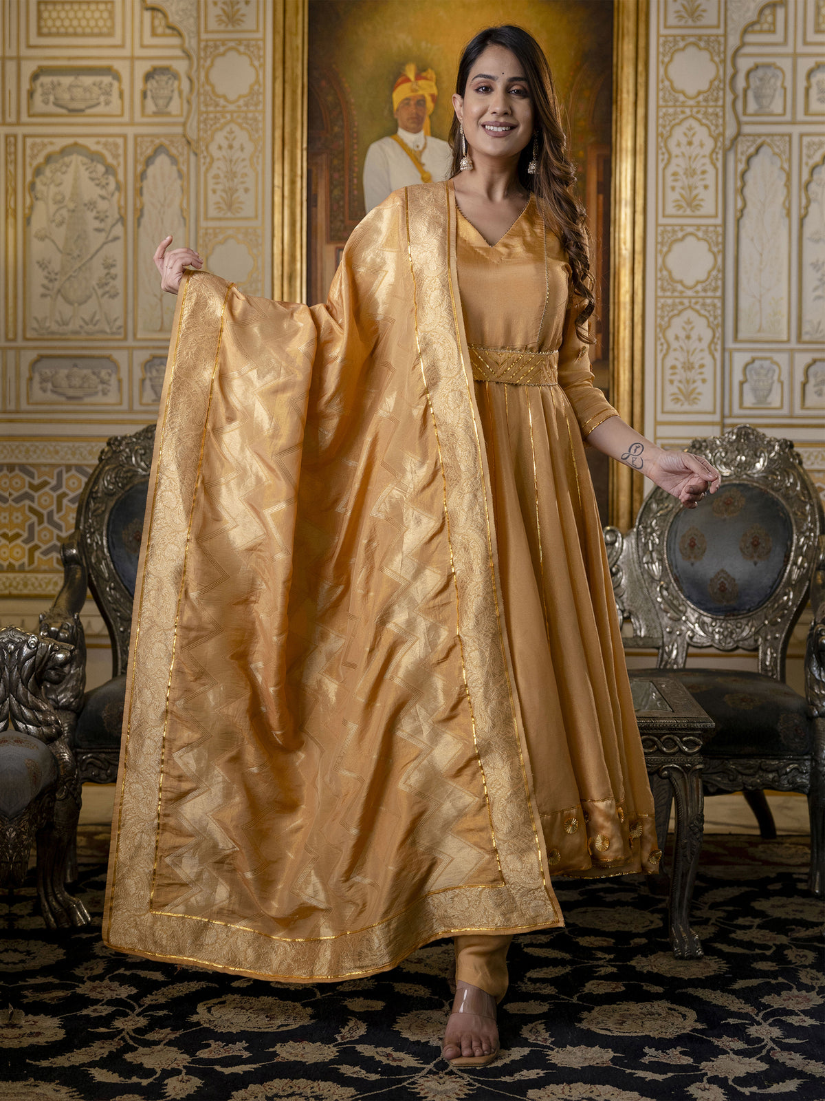 Golden Anarkali Suit Set In Tissue Silk Suti Rang Golden Anarkali Suit Set In Tissue Silk Suti Rang