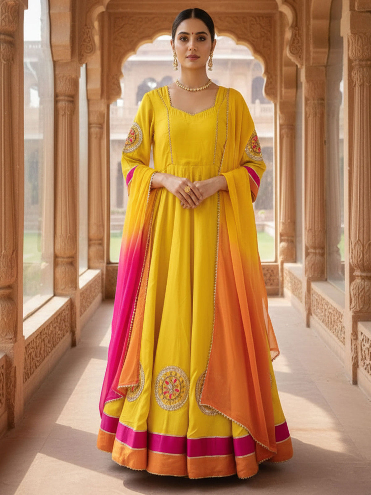 Yellow Anarkali Style Suit With Shaded Dupatta