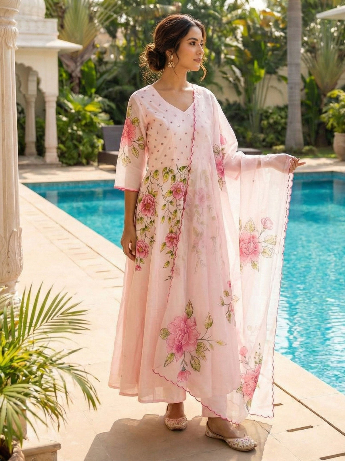 Light Pink Floral Handpainted Anarkali Suit