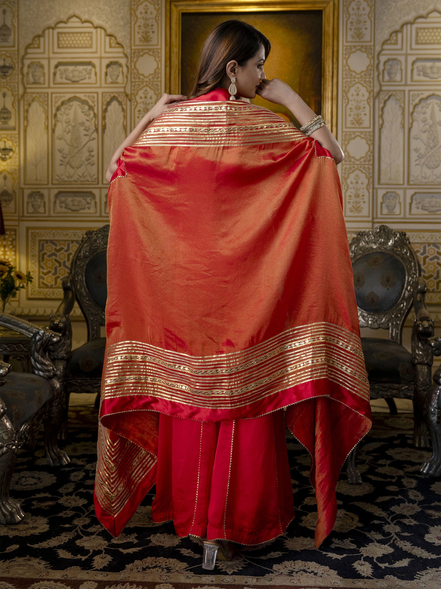 Red Rang Red Cape Style Sharara Suit With Gota Work β Suti Rang