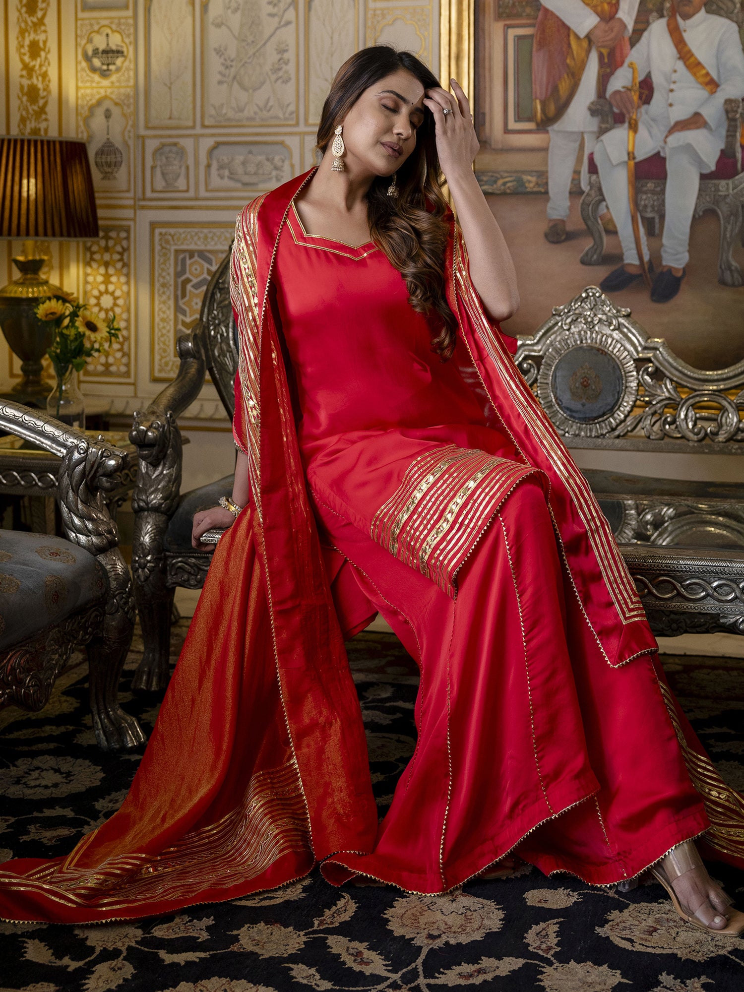 Red Cape Style Sharara Suit With Gota Work
