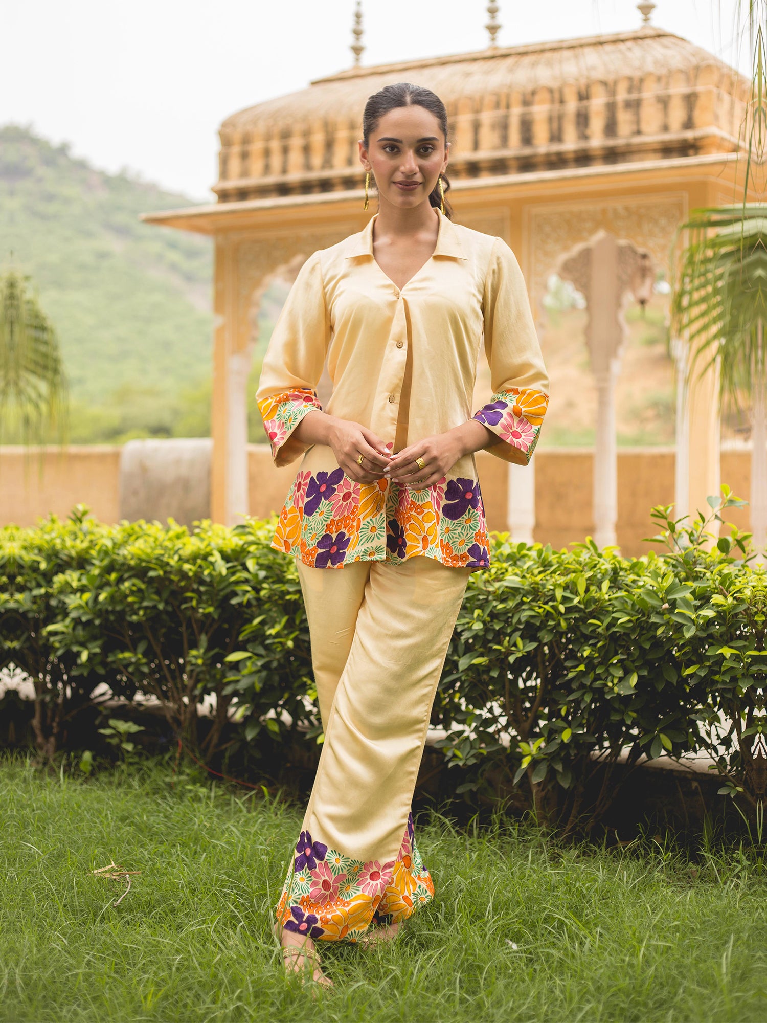 Cream Cotton Satin Handpainted Co-Ord Set