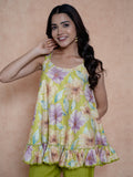 Lime Green Muslin Printed Strappy Top With Bottom