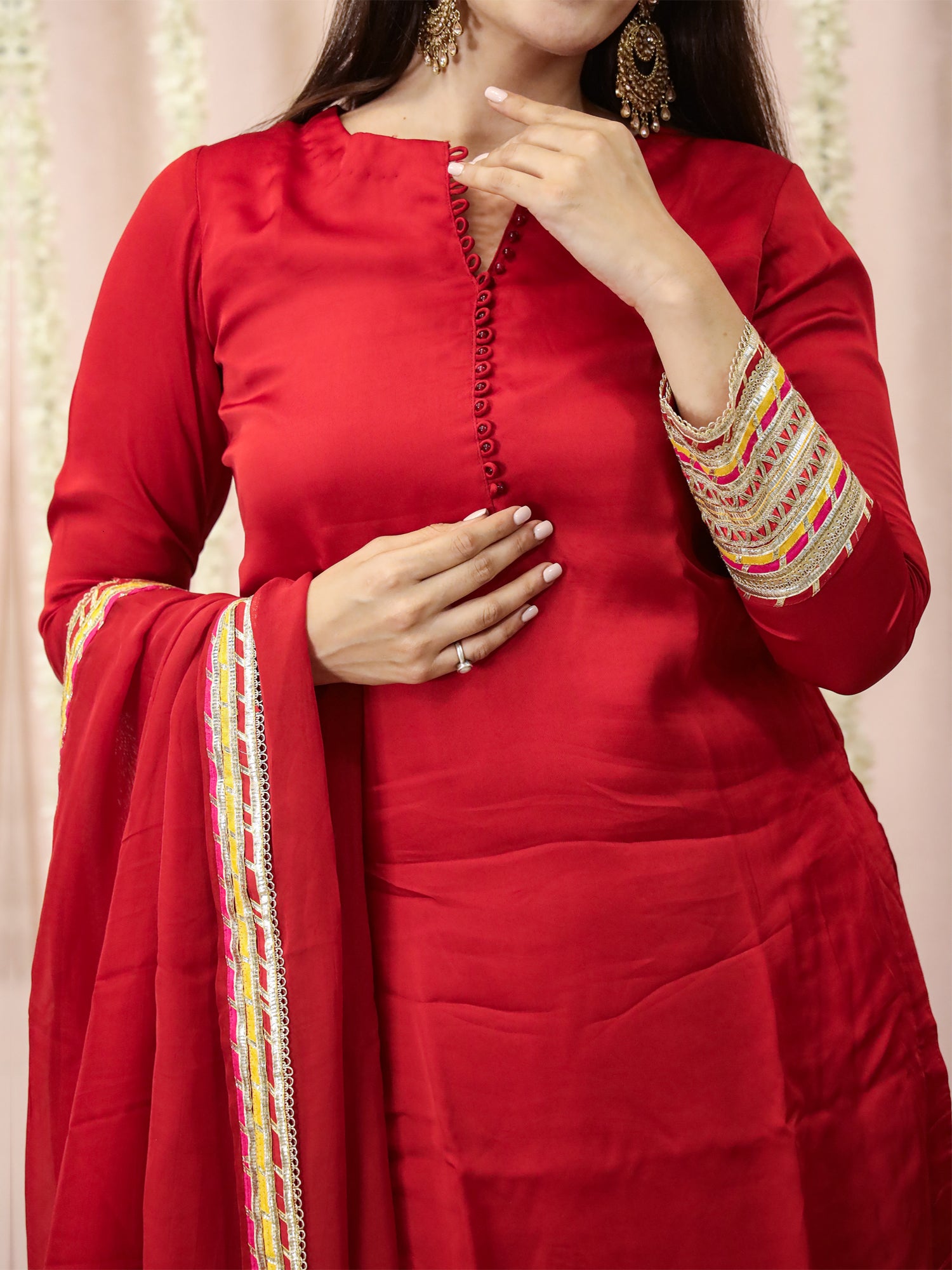 Red Rang Red Straight Cut Suit Set With Gota Work β Suti Rang