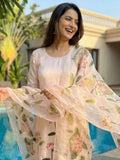 Peach Floral Handpainted Suit Set In Satin