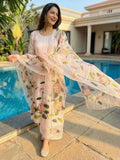 Peach Floral Handpainted Suit Set In Satin
