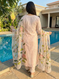 Peach Floral Handpainted Suit Set In Satin