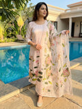 Peach Floral Handpainted Suit Set In Satin