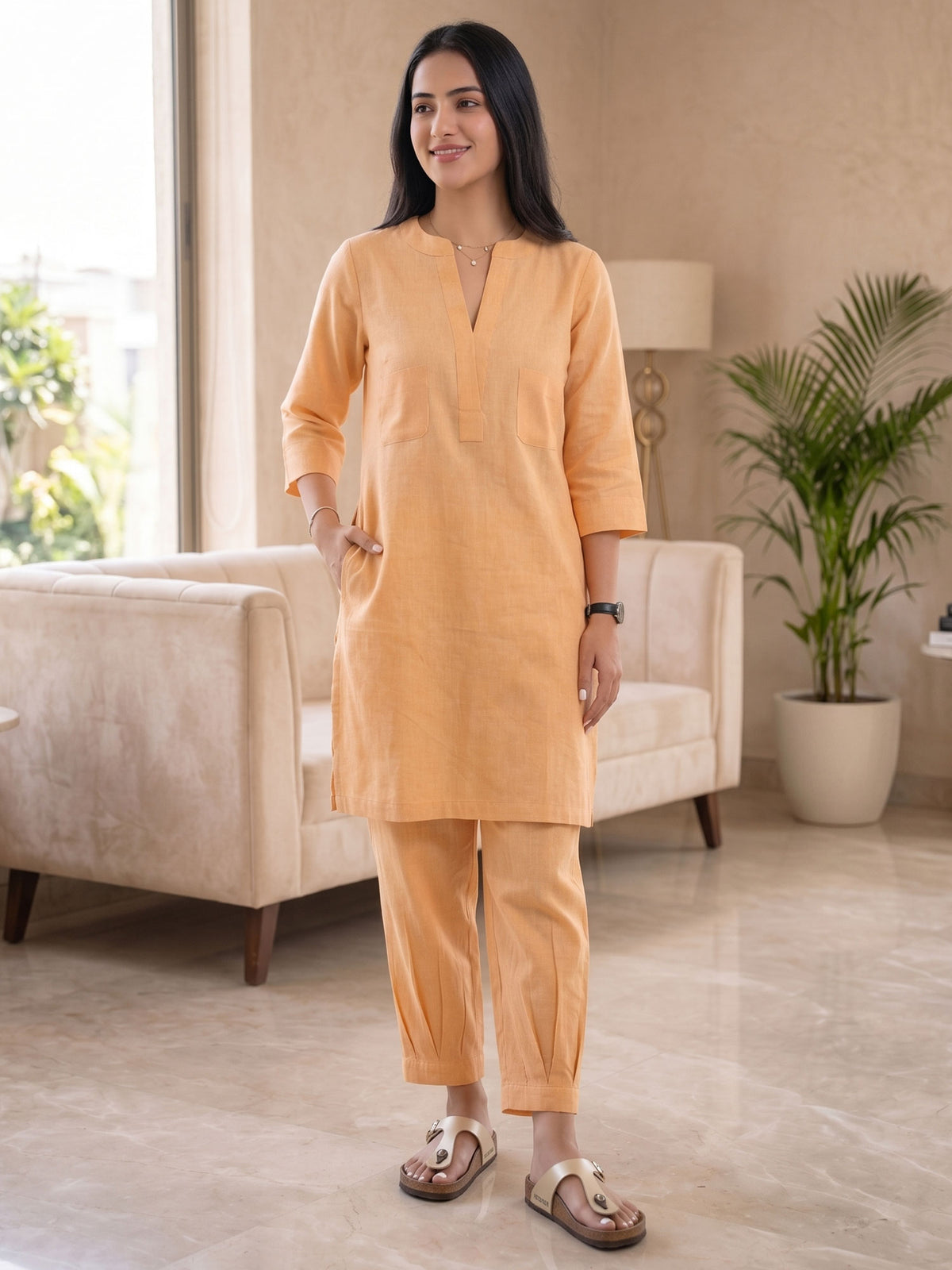 Light Orange Casual Linene Cotton Kurta Set