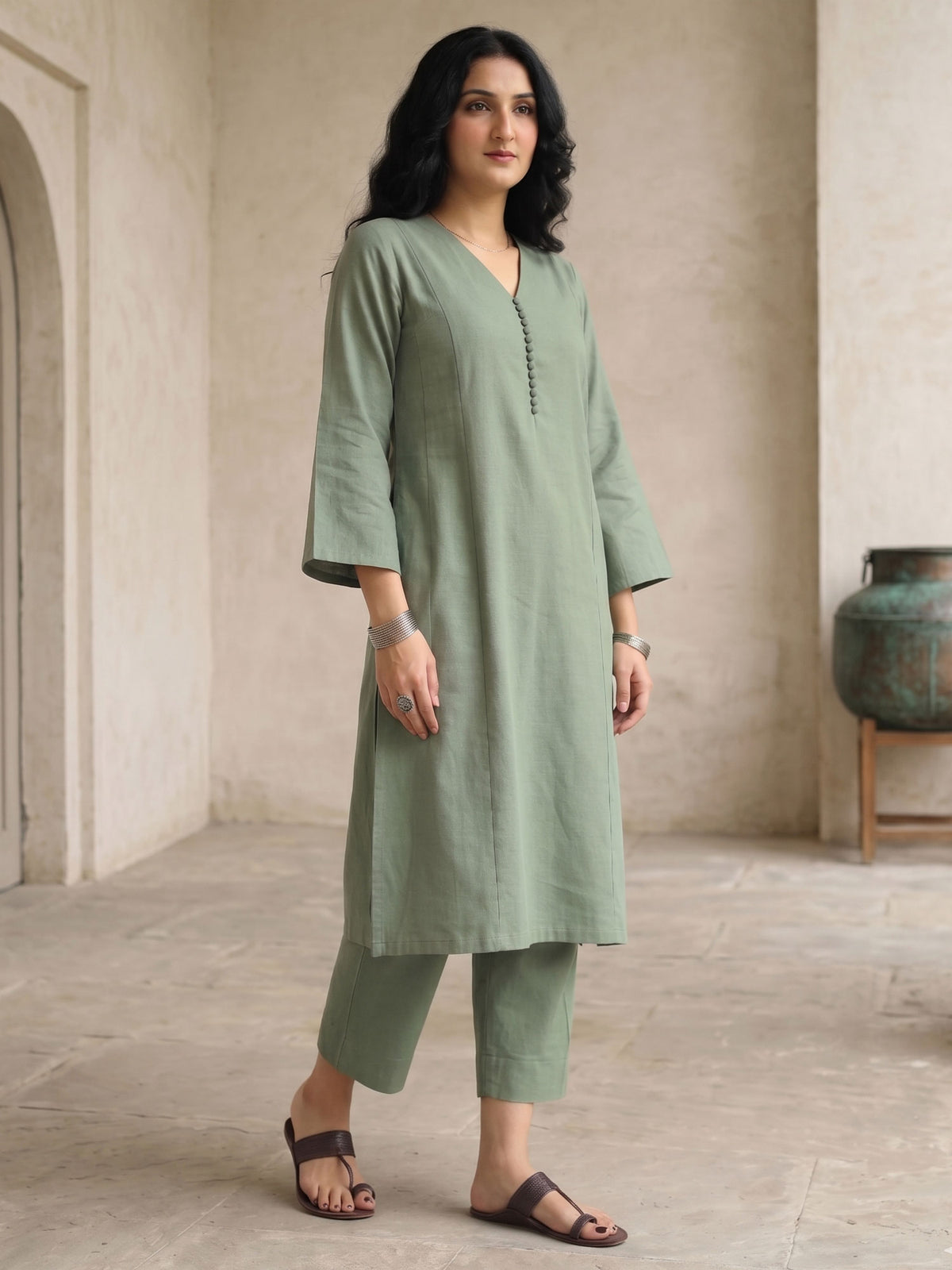 Sage Green Cotton Kurta Set With Straight Kameez