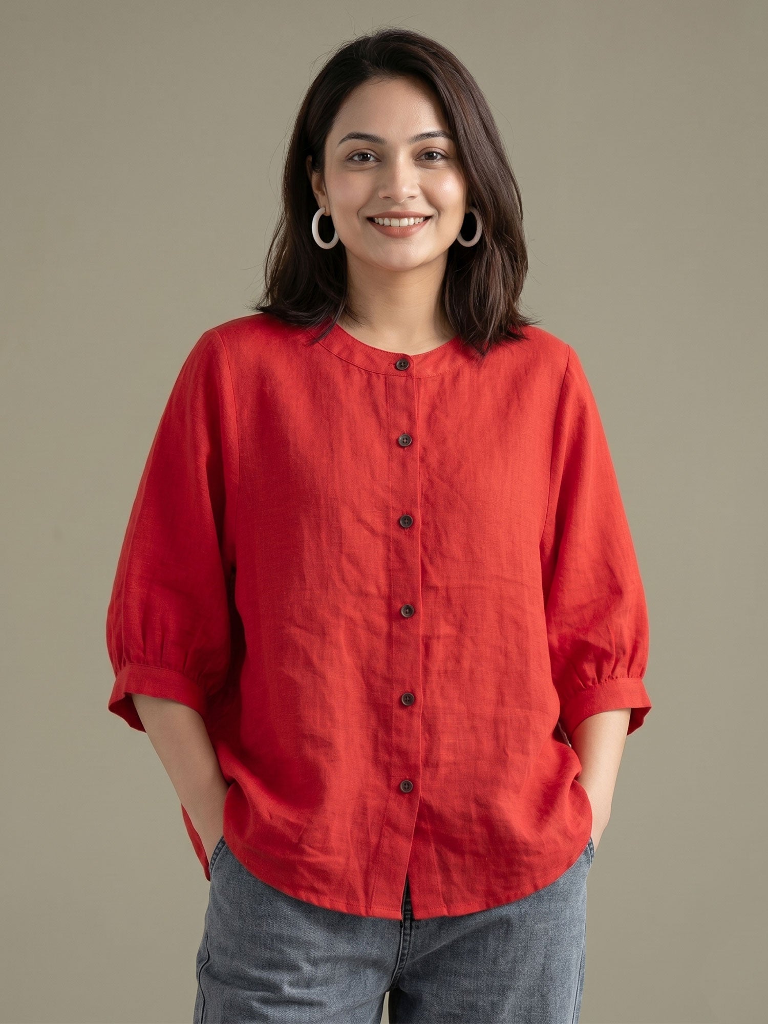 Red Rang Red Puff Sleeves Women's Top In Cotton β Suti Rang
