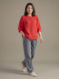 Red Puff Sleeves Women's Top In Cotton