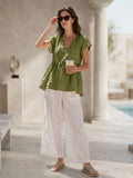 Olive Green Flutter Sleeves Stylish Top