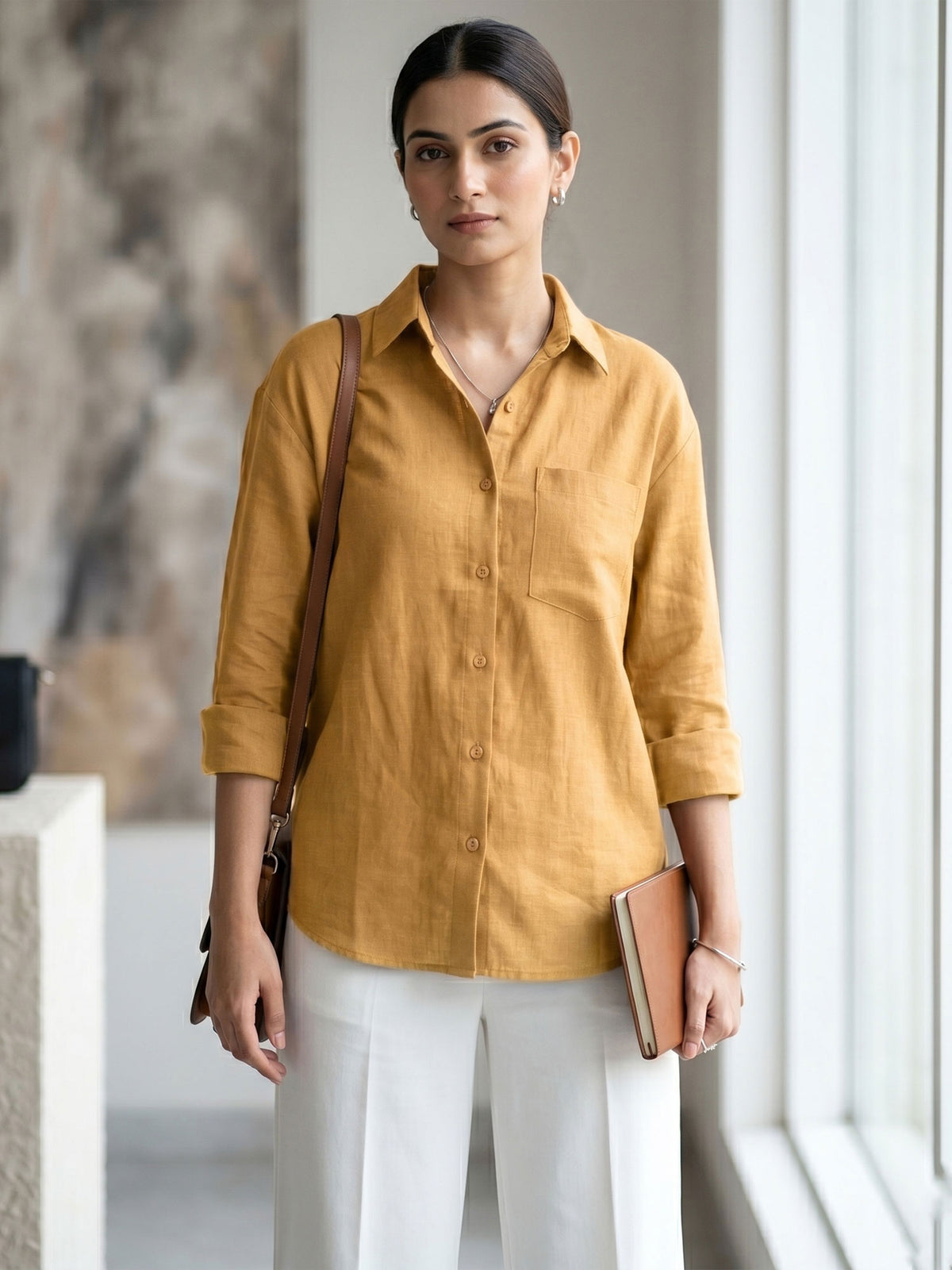 Yellow Cotton Shirt With Collar Neck