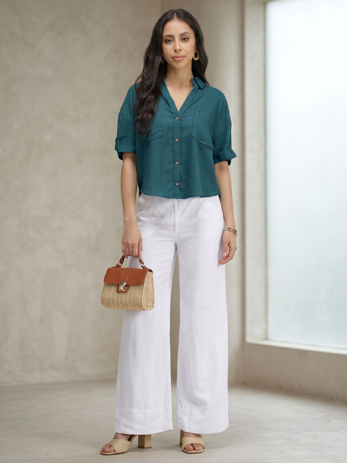 Teal Blue Boxy Casual Cotton Shirt