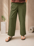 Olive Green Wide Leg Casual Pant In Cotton