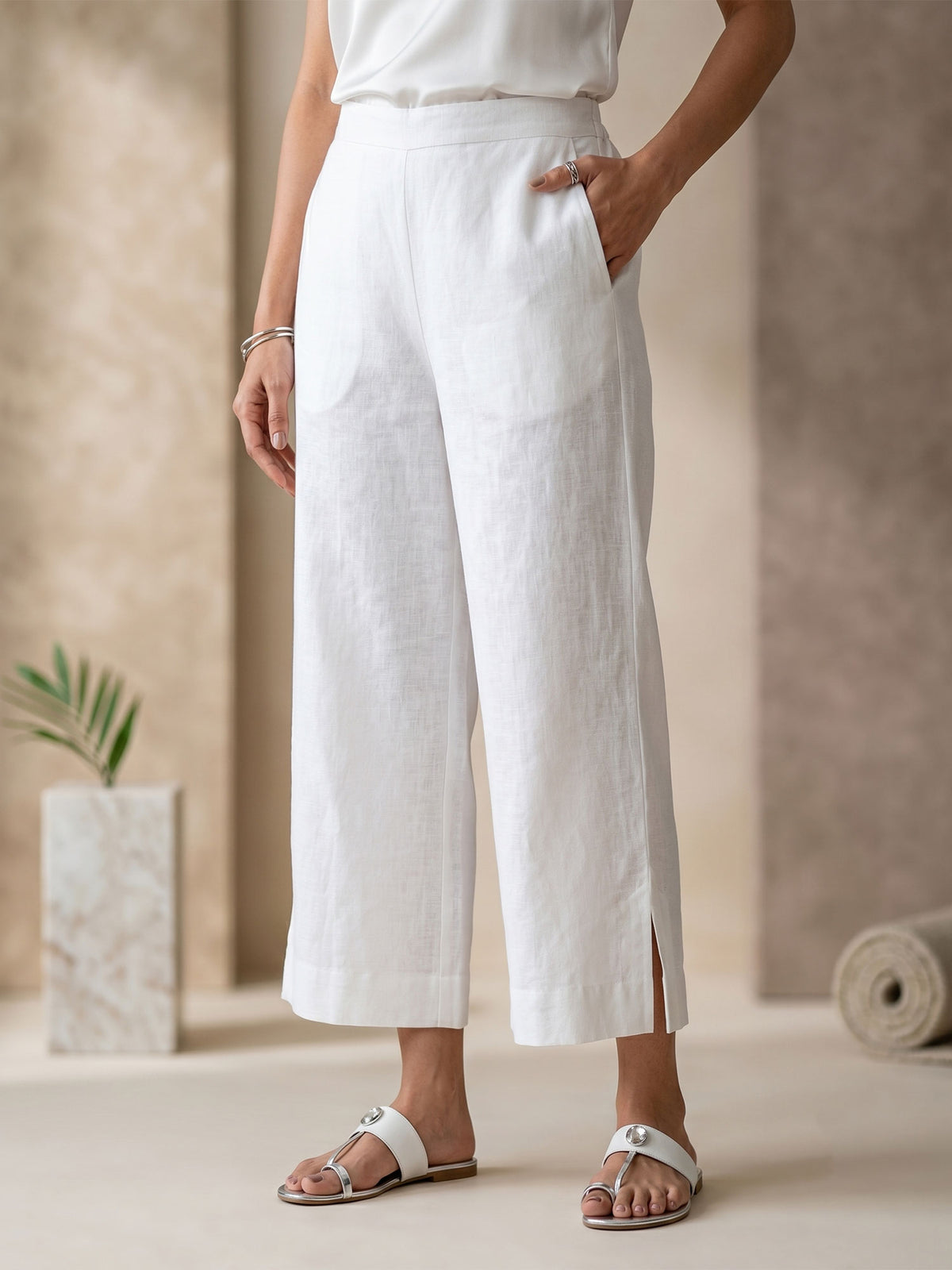 White Casual Wide Leg Trouser For Womens
