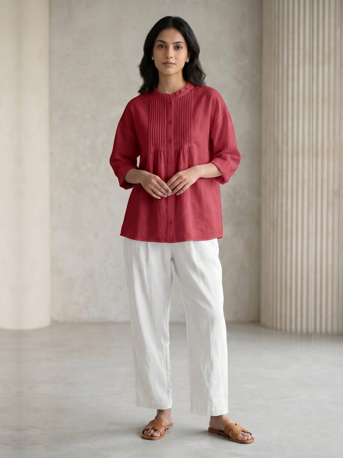 Rosewood Red Cotton Pintuck Top for Women