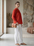 Tomato Red Luxe Cotton Pintuck Top for Women