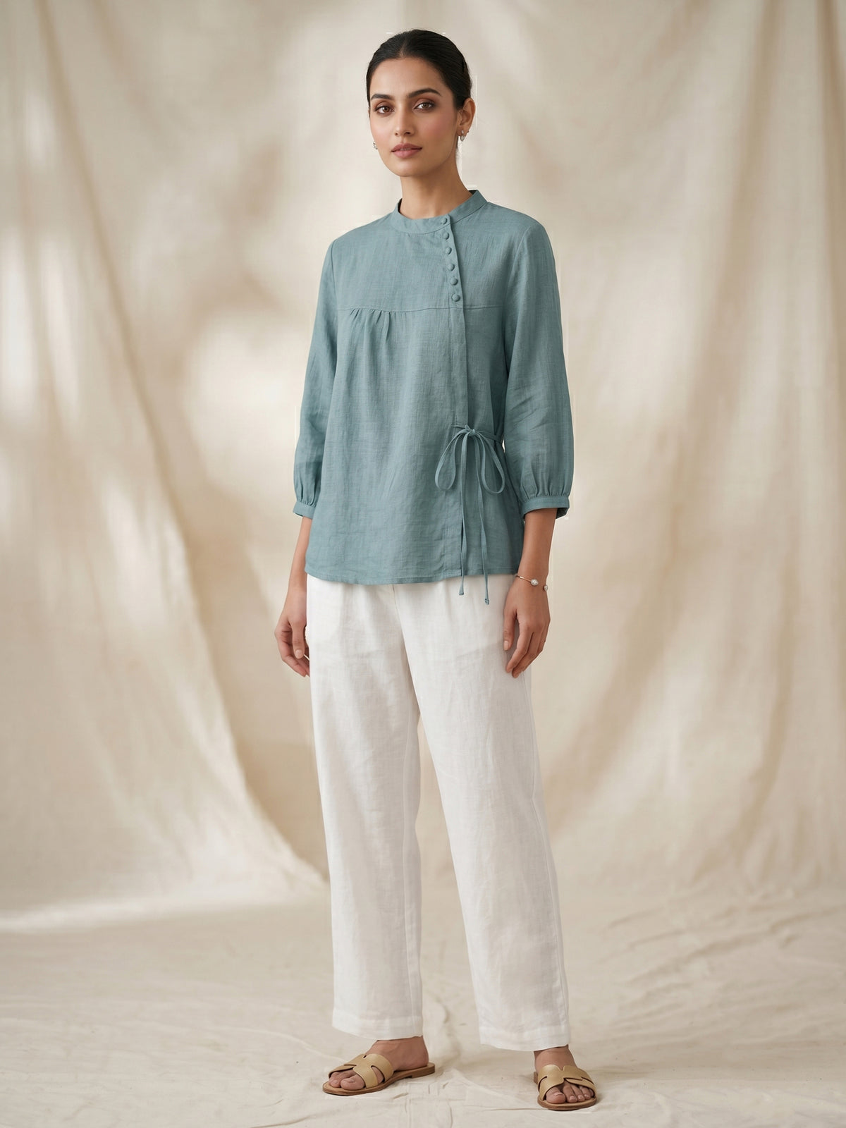 Mist Blue Cotton Wrap Top for Women