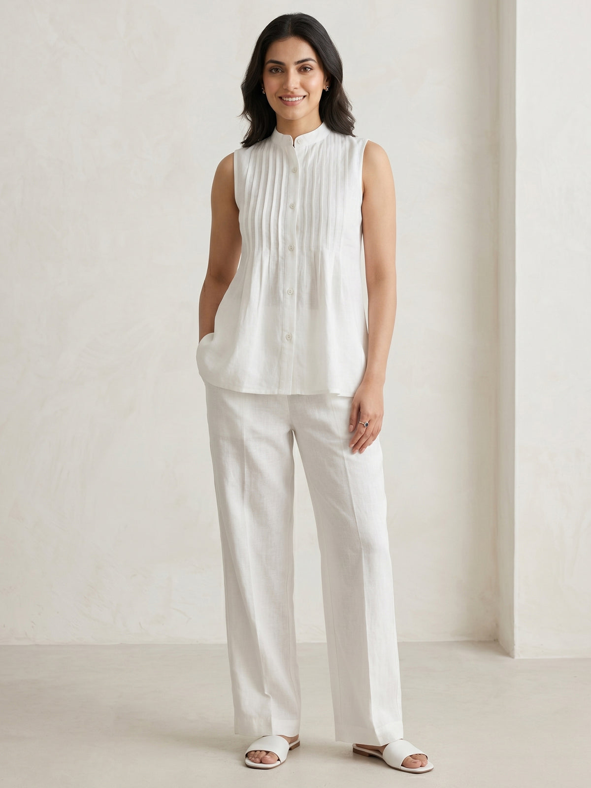 Ivory White Cotton Pintuck Top for Women