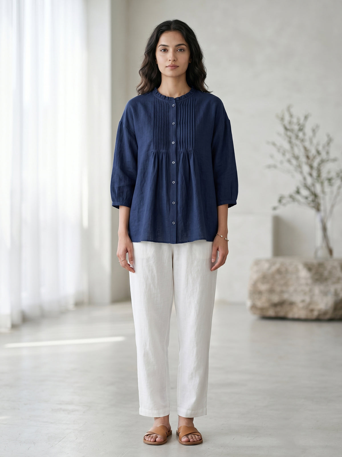 Midnight Blue Cotton Pintuck Top for Women.
