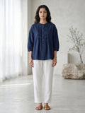 Midnight Blue Cotton Pintuck Top for Women.