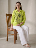 Neon Green Handpainted Cotton Top for Women