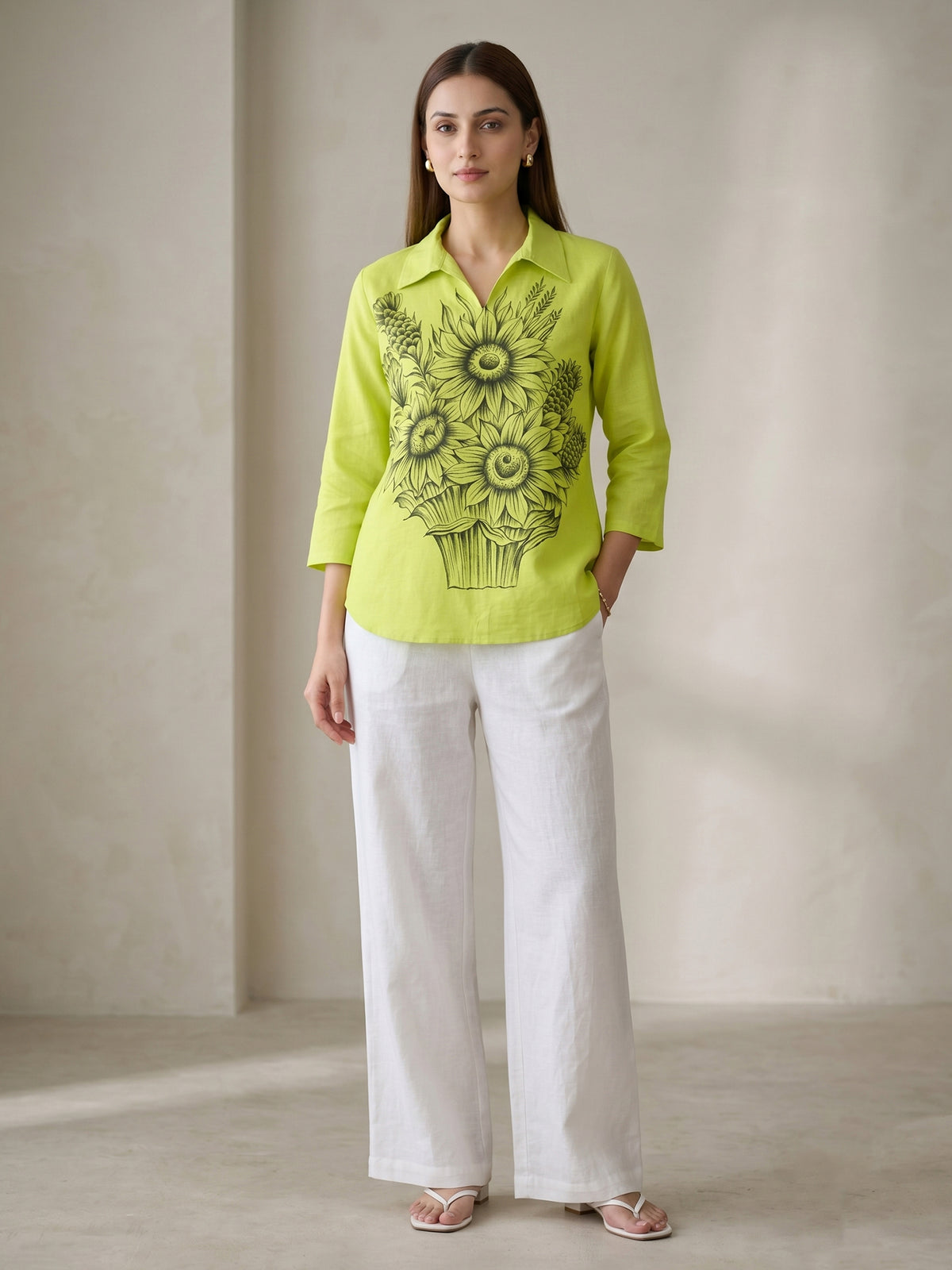 Neon Green Handpainted Cotton Top for Women