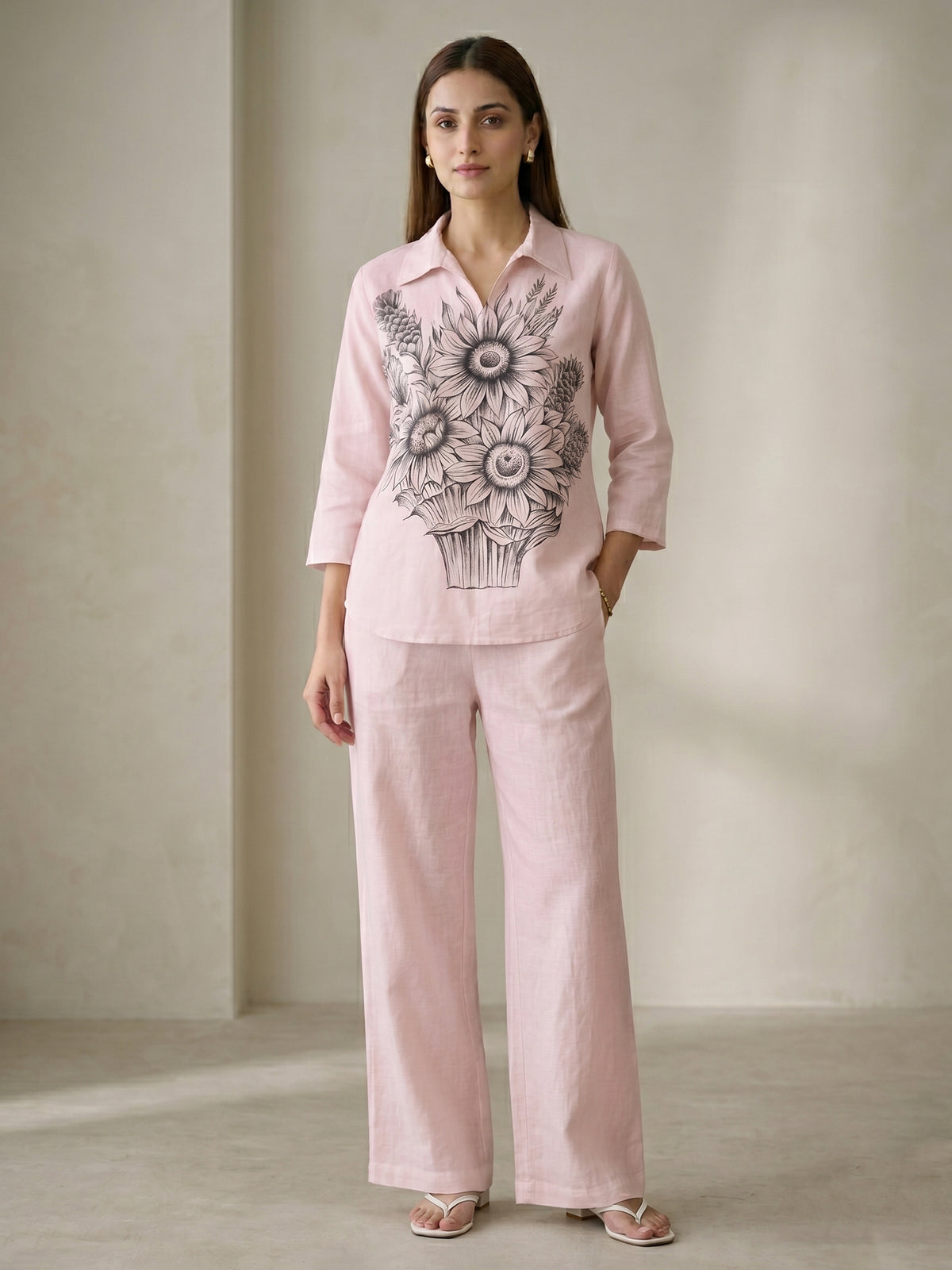 Blush Pink Handpainted Women Cotton Top