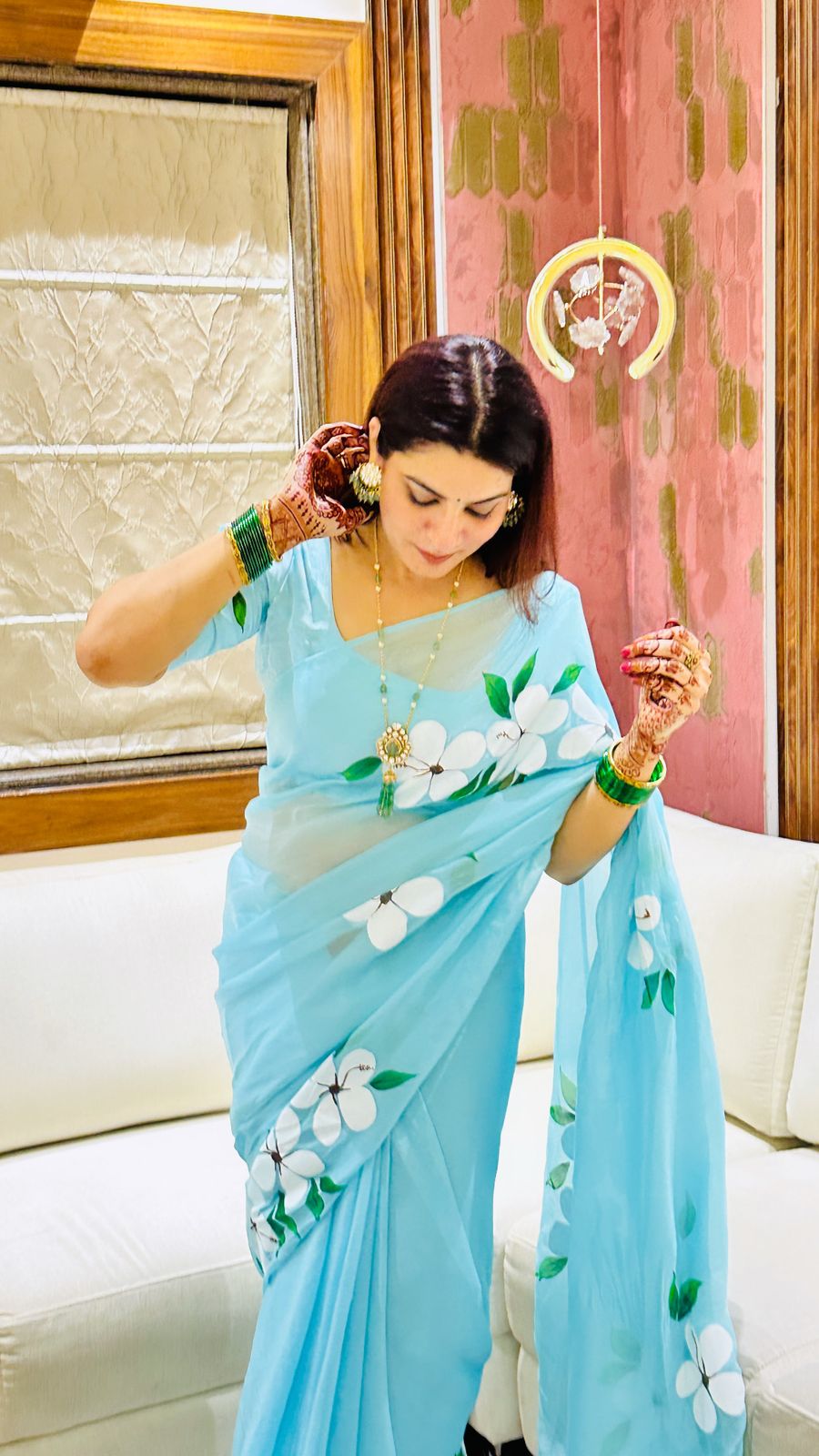 Blue Organza Handpainted Floral Print Saree
