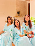 Blue Organza Handpainted Floral Print Saree