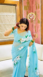 Blue Organza Handpainted Floral Print Saree