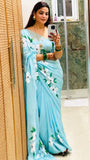 Blue Organza Handpainted Floral Print Saree
