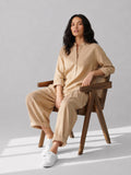 Beige Cotton Mandarin Collar Top & Balloon Pant Set